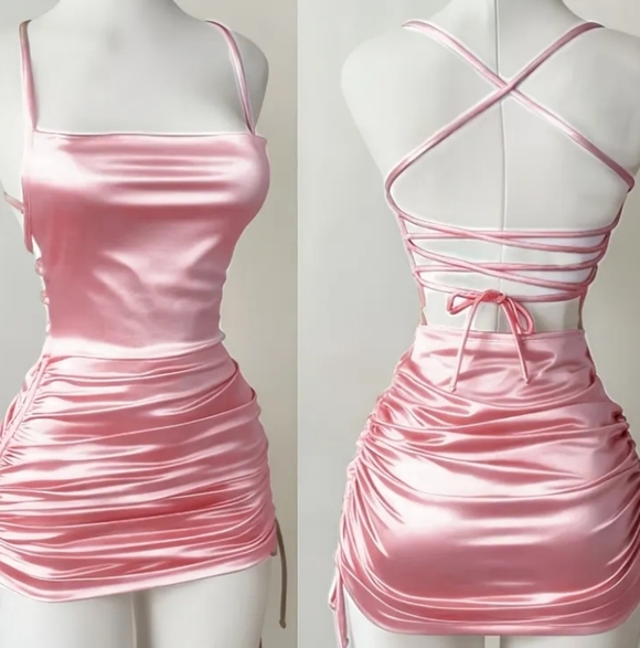 Pink Satin Drawstring Ruched Criss-cross Back Adjustable Length Mini Dress (M) - Picture 6 of 13